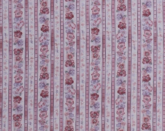 Cotton Floral Stripe Pink Purple Flowers Stripes on White Woodside Blossom in Vintage Cotton Fabric Print by the Yard (D152.11)