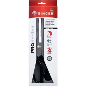 May include: A package of Singer ProSeries 12-inch tailor scissors. The scissors have black handles and chrome-plated blades. The packaging includes text that says "Forged", "Rubber Coated Handle", and "Easily Cuts".