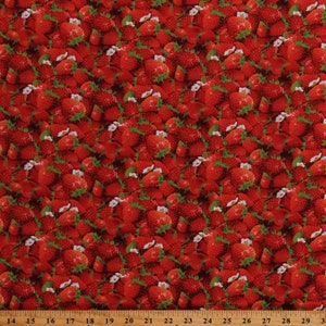 Cotton Strawberries Strawberry Blossoms Fruit Berries Food Kitchen Summer Berry Good Red Cotton Fabric Print by the Yard (155RED) D650.07