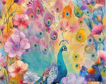 24" X 44" Panel Peacock Floral Flowers Bird Colorful Spring Timeless Treasures Multicolor Cotton Fabric Panel (PANEL-CD3960-MULTI) D135.07
