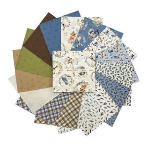 May include: A set of 12 fabric squares featuring a variety of woodland animal and nature-themed prints. The squares are in shades of blue, green, brown, and white.