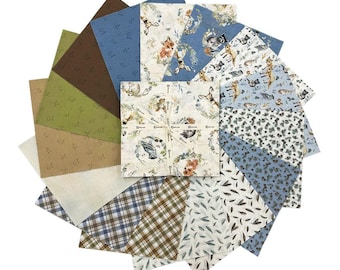 May include: A set of 12 fabric squares featuring a variety of woodland animal and nature-themed prints. The squares are in shades of blue, green, brown, and white.