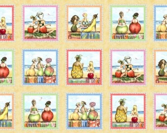 24.25" X 44" Panel Fruit Ladies Blocks Squares Beach Scenes Women Tropical Vacation Summer Sand Cotton Fabric Panel (1521SAND) D579.81