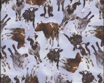 Cotton 2024 Farm Animals Cows Cattle Heifers Milking Dairy Livestock Mook Fabrics Blue Cotton Fabric Print by the Yard (137710) D364.70
