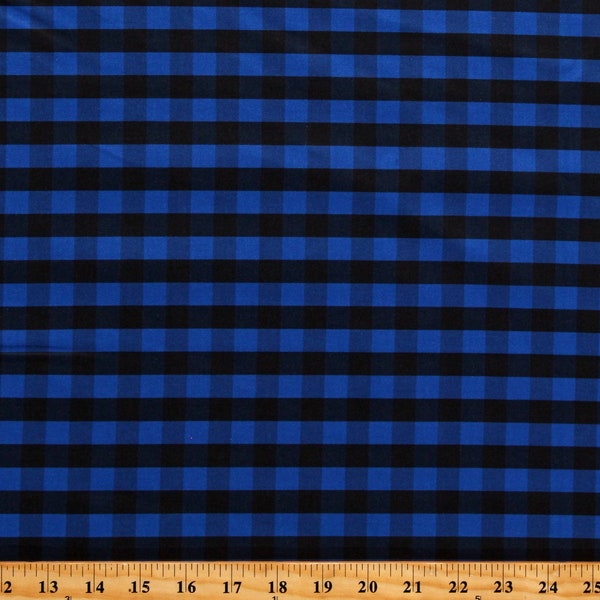 Cotton Blue and Black Checkered Plaid Buffalo Blue Checked Checks Cotton Fabric Print by the Yard (112258-CA61220) D368.49