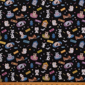 May include: Black fabric with a repeating pattern of cartoon dogs in various poses. The dogs are wearing collars and some have bones or toys. The fabric has the words "Play", "Sit", "Fetch", "Woof", "Stay", "Good Dog", and "Bark!" printed on it.