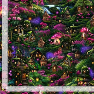 May include: A fabric print featuring a fantasy forest village with small cottages, mushroom-shaped houses, and vibrant pink flowers. A measuring tape along the left and bottom edges shows a scale of 11 inches by 11 inches.