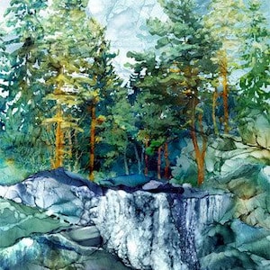May include: Watercolor painting of a forest scene with pine trees and a rocky cliff. The panel size is 109 x 71 cm. The artwork features shades of green, blue, and brown, creating a serene landscape.