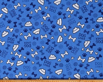 Cotton Dog Bones Food Bowls Dishes Pawprints Dogs Pets Animals Dog Lover Blue Spotty Cotton Fabric Print by the Yard (108467) D760.39