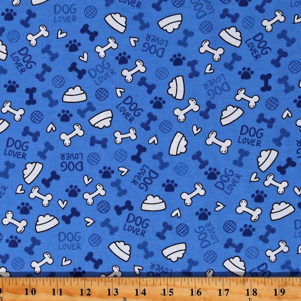 Cotton Dog Bones Food Bowls Dishes Pawprints Dogs Pets Animals Dog Lover Blue Spotty Cotton Fabric Print by the Yard (108467) D760.39