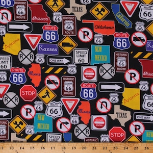 Cotton Route 66 Highway Road Traffic Signs Road Trip Travel States USA Cotton Fabric Print by the Yard (1649-27452-J) D674.65