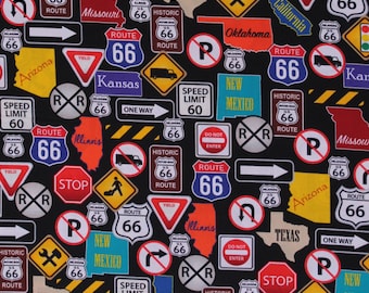 Cotton Route 66 Highway Road Traffic Signs Road Trip Travel States USA Cotton Fabric Print by the Yard (1649-27452-J) D674.65