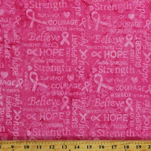 Cotton Batik Pink Ribbon Breast Cancer Awareness Words Stronger Together Hand-Dyed Bali Batik Cotton Fabric Print by the Yard D18621 Hoffman