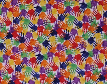 Cotton Hands Handprints Painted Kids Colorful Rainbow Multicolor Cotton Fabric Print by the Yard (2207-01) D692.72