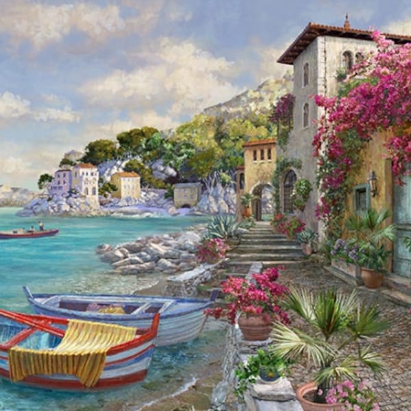 33" X 44" Panel Mediterranean Escape Impressionism Travel Europe Italy Greece Cotton Fabric Panel (U5101-650IMPRESSIONIST) D374.72