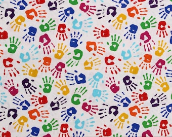Cotton Handprints Hand Prints Rainbow Multi-Color on White Top of the Class Kids Cotton Fabric Print by the Yard (1711-01) D587.72