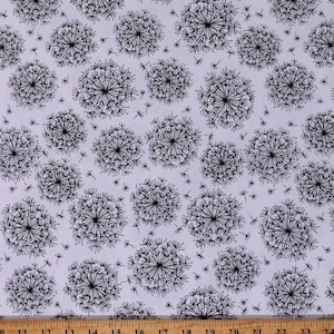 May include: White fabric with a black dandelion pattern. The dandelions are drawn in a simple, stylized way.