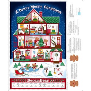May include: A fabric panel featuring a Christmas-themed illustration. The design depicts a house with multiple rooms, each showcasing teddy bears engaged in holiday activities. The text "A Beary Merry Christmas" and "DecemBear" are visible.