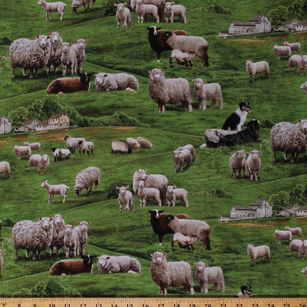 Cotton Farm Animals Sheep Herd Collies Dogs Field Pasture Scenic Green Cotton Fabric Print by the Yard (360-green)