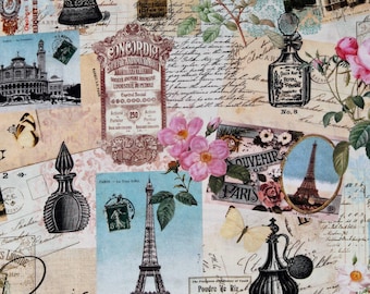 Cotton Paris Collage Eiffel Tower Letters Vintage Travel Cotton Fabric Print by the Yard (FLEUR-CD3000-MULTI) D586.67