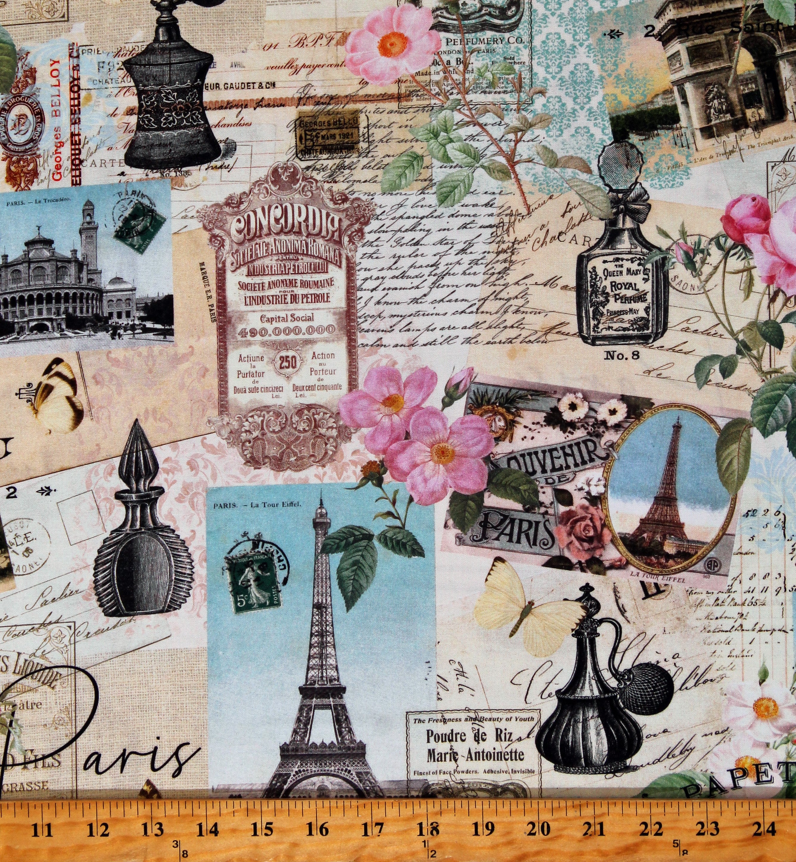 Cotton Paris Collage Eiffel Tower Letters Vintage Travel Cotton Fabric ...