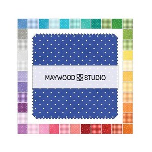 May include: A square stack of fabric swatches featuring a blue polka dot pattern on the top piece, wrapped in a white paper band labeled MAYWOOD STUDIO. The stack is framed by a border of small, colorful squares in various patterns and hues.
