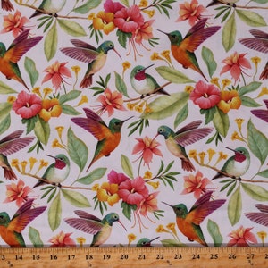 Exotic Flowers & Hummingbird Fabric Panel - White, Size: 4.5 x 4.5