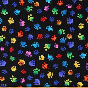 Cotton Paw Prints Cat Kittens Kitty Pets Rainbow Prints on Black Cotton Fabric Print by the Yard (CAT-C7487-BLACK) D386.29