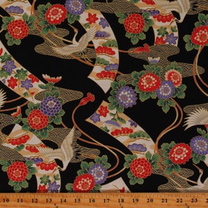 Cotton Cranes and Ribbons Birds Flowers Metallic Gold Accents Japanese Tsuru Black Cotton Fabric Print by the Yard (TSUR-05258-K) D482.50