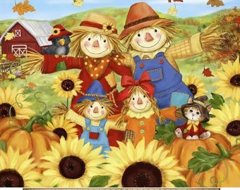 Könnte beinhalten: Eine farbenfrohe Herbstillustration mit einer Familie von Vogelscheuchen in einem Feld mit Sonnenblumen und Kürbissen. Eine rote Scheune und eine Krähe sind ebenfalls zu sehen. Die Vogelscheuchen tragen Hüte und Latzhosen.