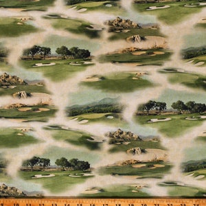 May include: A seamless pattern featuring a repeating image of a golf course with green grass, sand traps, and trees. The background is a light beige color with a subtle texture.