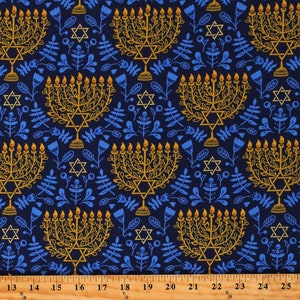 Cotton Festival of Lights Hanukkah Jewish Holiday Candlestick Blue Cotton Fabric Print by the Yard (A-203-MB) D507.48 by Andover Fabrics