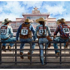 28&quot; X 43.5&quot; Panel Rodeo Dreams Good Ride Cowboys and Cowgirls on Fence Arena Hoffman California Fabrics Cotton Fabric Panel D471.67