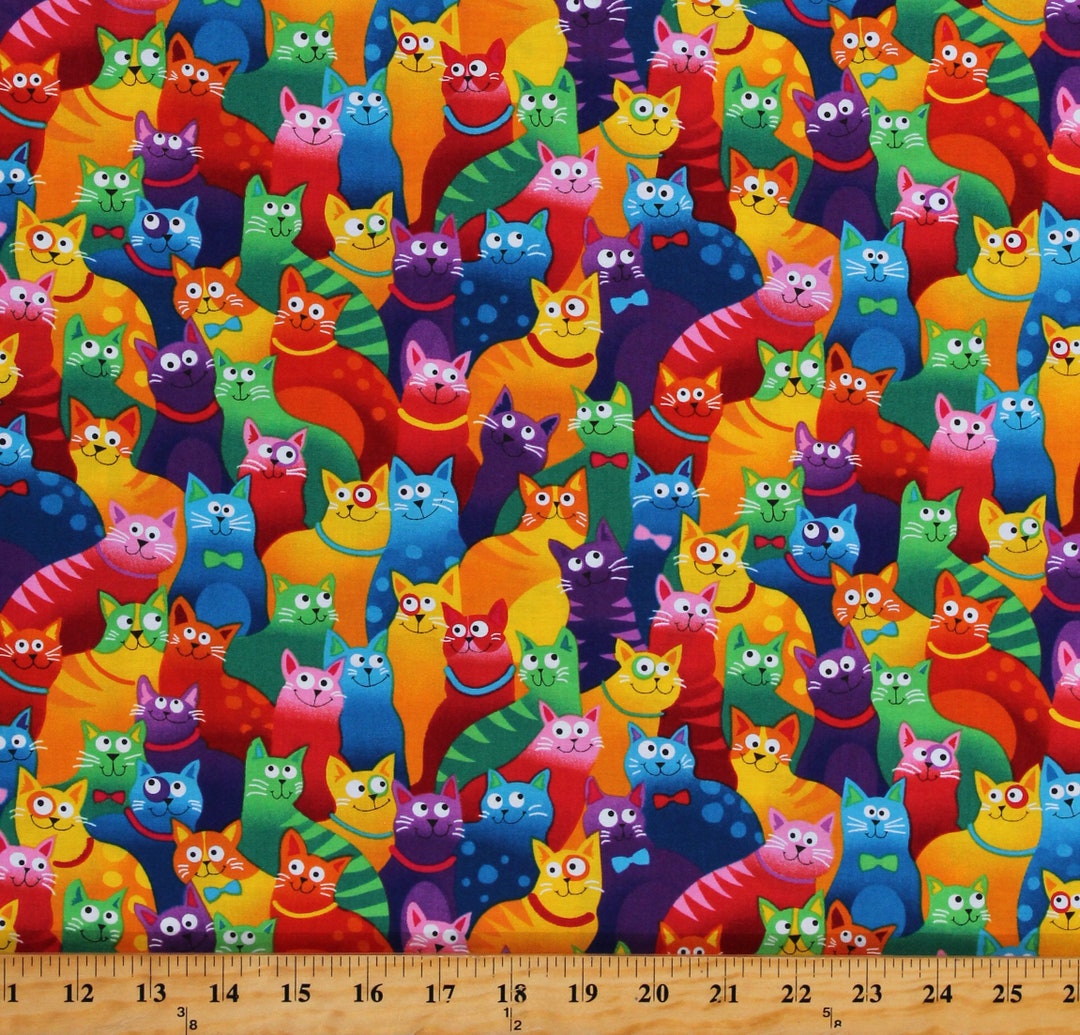 Cotton Colorful Funny Cats Packed Animals Pets Cotton Fabric Etsy