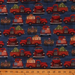 Cotton Patriotic Trucks American Flags USA Independence Day 4th of July Hometown America Fabric Print by the Yard (18698-NVY-CTN-D) D305.45