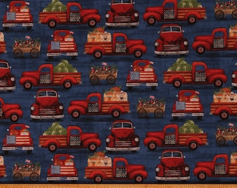 Cotton Patriotic Trucks American Flags USA Independence Day 4th of July Hometown America Fabric Print by the Yard (18698-NVY-CTN-D) D305.45