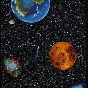 May include: A black background with a starry night sky. A large orange sun with flames is at the bottom of the image. There are several planets in the sky, including a blue and green planet, a red planet, and an orange planet.