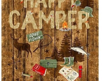23.5" X 44" Panel Happy Camper Camping Fishing Cabin Lodge Northwoods Brown Wood Grain Cotton Fabric Panel (PANELGC-C7251-BROWN) D567.84