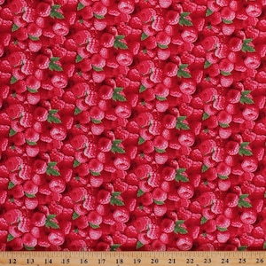 May include: A close-up of a red fabric with a repeating pattern of red raspberries. The fabric is measured in inches.