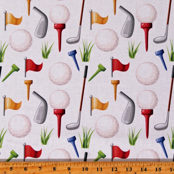 Cotton Golf Golfballs Golf Clubs Tees Flagstick Sports White Cotton Fabric Print by the Yard (116253) D667.86