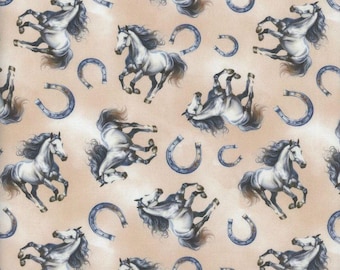 Cotton Western Rose Saddle Up Tan Horses Horseshoes Equestrian Mook Fabrics Cotton Fabric Print by the Yard (143439) D467.94