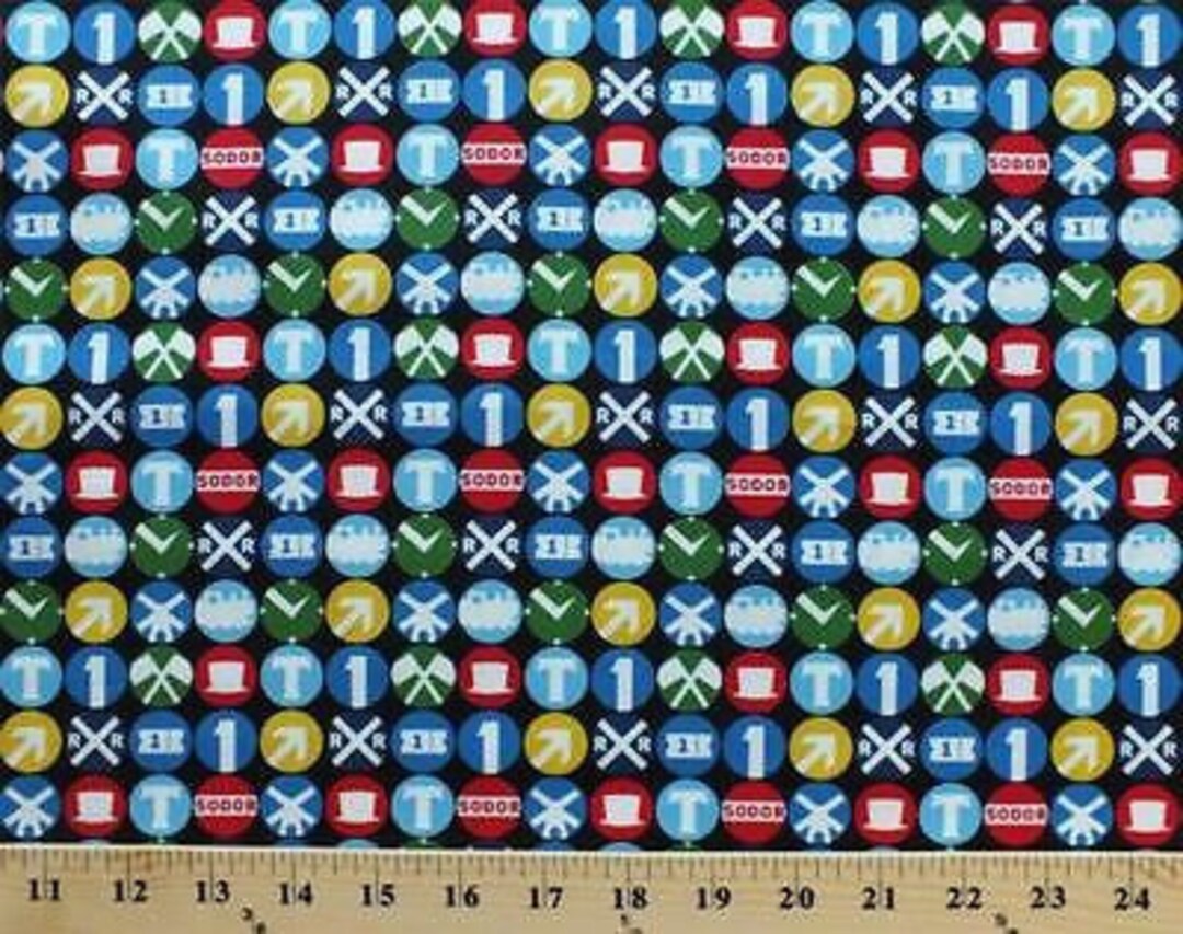 Cotton All Aboard Train Railroad Signs Black Cotton Fabric Print by the
