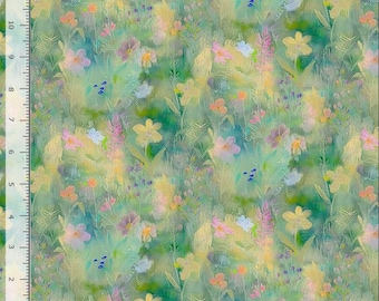 Cotton Wildflower Field Flowers Floral Painted Look Timeless Treasures Cotton Fabric Print by the Yard (PLUME-CD3966-GREEN) D135.11