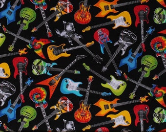 Cotton Guitars, Instruments à cordes électro-acoustiques sur tissu en coton noir, impression musicale par mètre (FUN-C4824-BLACK) D371.20