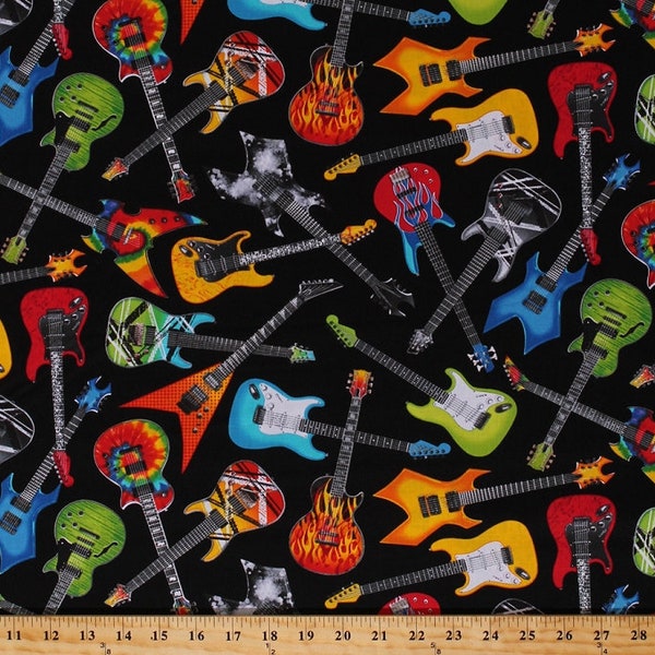 Cotton Guitars Electric Acoustic Stringed Instruments on Black Musical Cotton Fabric Print by the Yard (FUN-C4824-BLACK) D371.20