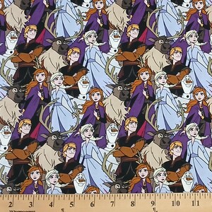 May include: A fabric featuring a repeating pattern of characters from the animated film "Frozen." The design includes Elsa in a light blue dress, Anna in a purple cape, Kristoff, Olaf the snowman, and Sven the reindeer. The background is a mix of light blue and beige.