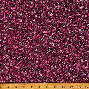 Cotton Breast Cancer Awareness Pink Ribbons Flowers Floral Strength & Love Black Cotton Fabric Print by the Yard (54186-2) D762.80