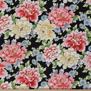 Cotton Akahana Flowers Flower Blossoms Blossom Blooms Gardening Floral on Black Cotton Fabric Print by the Yard (25820) D764.37