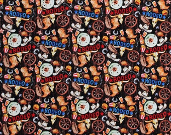 Cotton Western Rodeo Cowboys Hats Boots Armadillos Food Brown Wild West Cotton Fabric Print by the Yard (121104) D466.57