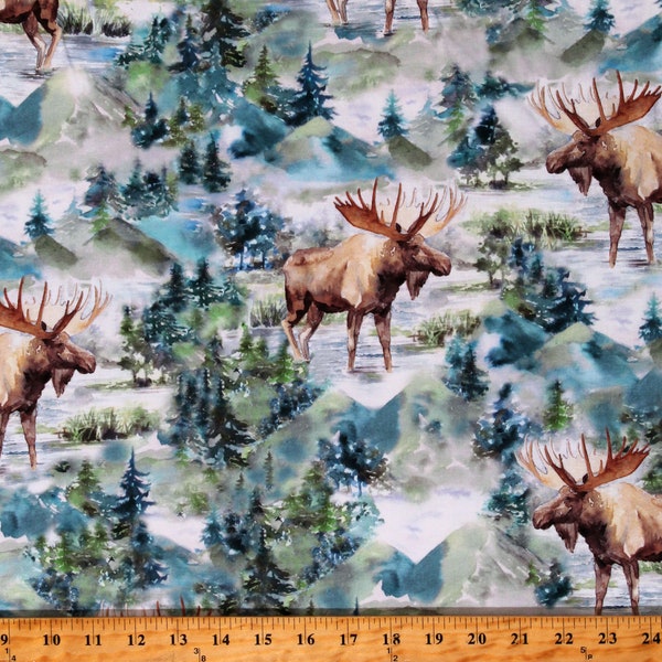 Cotton Moose Animals Forest Woods Woodland Creatures Pine Trees Multicolor Cotton Fabric Print by the Yard (V5256-367-ASPEN) D479.91